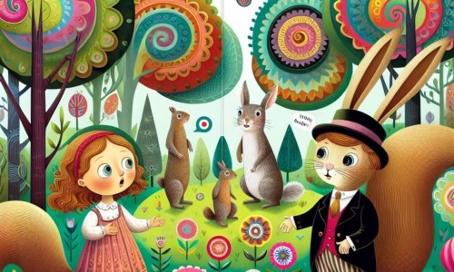 Une illustration destinée aux enfants représentant une fillette curieuse se retrouvant face à un écureuil parlant, accompagnée d'un lapin en costume et cravate, dans un jardin enchanté bordé de fleurs multicolores et d'arbres aux formes fantaisistes.