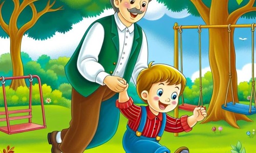 Une illustration destinée aux enfants représentant un petit garçon plein d'énergie et de malice, jouant avec son copain plus âgé dans un parc verdoyant parsemé de balançoires colorées et d'arbres majestueux.