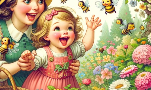Une illustration destinée aux enfants représentant une petite fille pleine de joie, découvrant les merveilles du printemps avec sa maman, dans un jardin luxuriant rempli de fleurs colorées, d'abeilles butinant et d'oiseaux chantant.