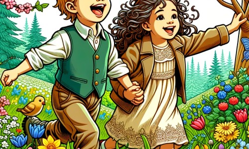 Une illustration destinée aux enfants représentant un petit garçon joyeux qui découvre les merveilles du printemps, accompagné d'une petite fille aux cheveux bouclés, dans un parc verdoyant rempli de fleurs colorées et d'arbres en bourgeons.